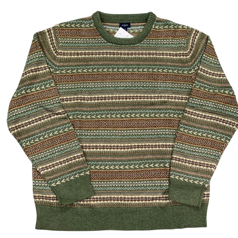 J Crew Fair Isle Nordic Crewneck Sweater Green Brown Wool Blend Men's XL NWT